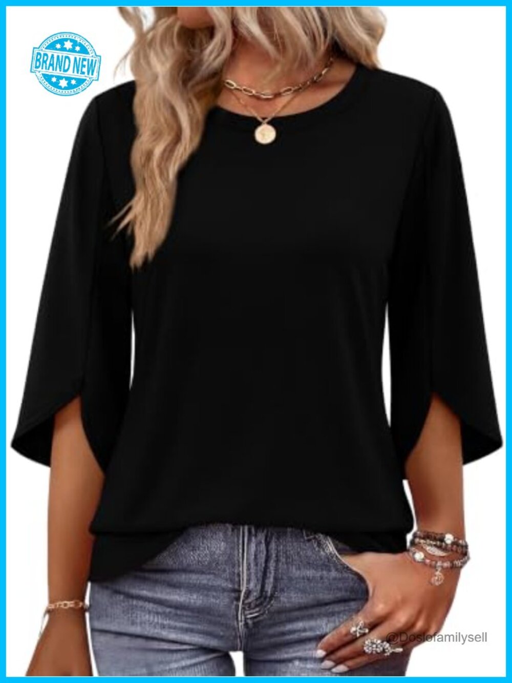 Womens 3/4 Sleeve Blouse Petal Sleeve Crew Neck Dressy Casual Top